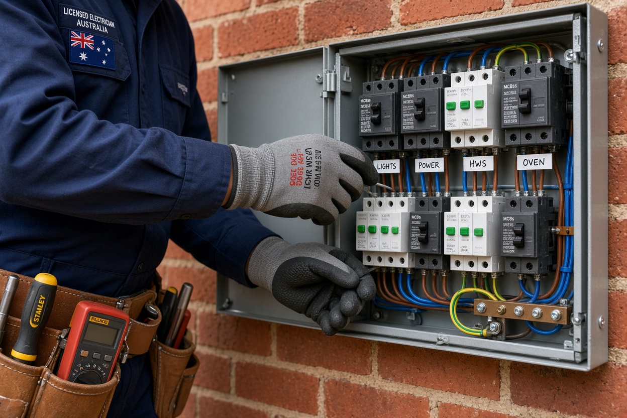 Electrician working on switchboard, clean uniform, professional tools